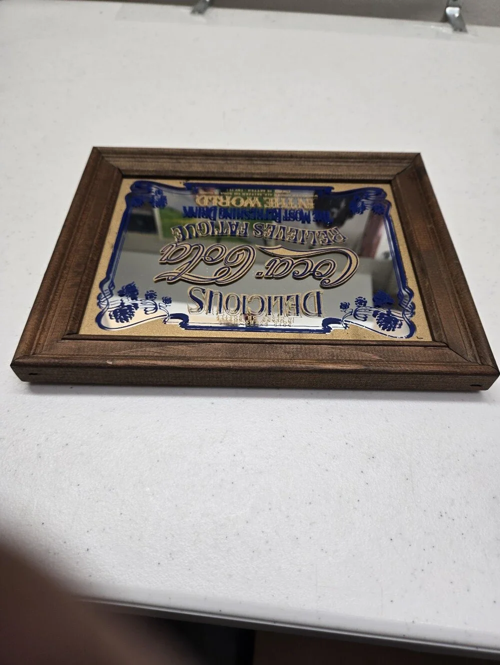 Vintage Delicious Coca Cola Relieves Fatigue Wood Framed  Mirror Blue Lettering
